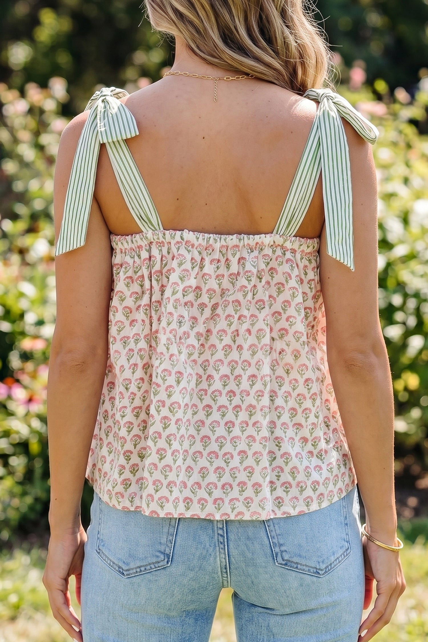 Green Floral Printed Knot Straps Babydoll Tank Top