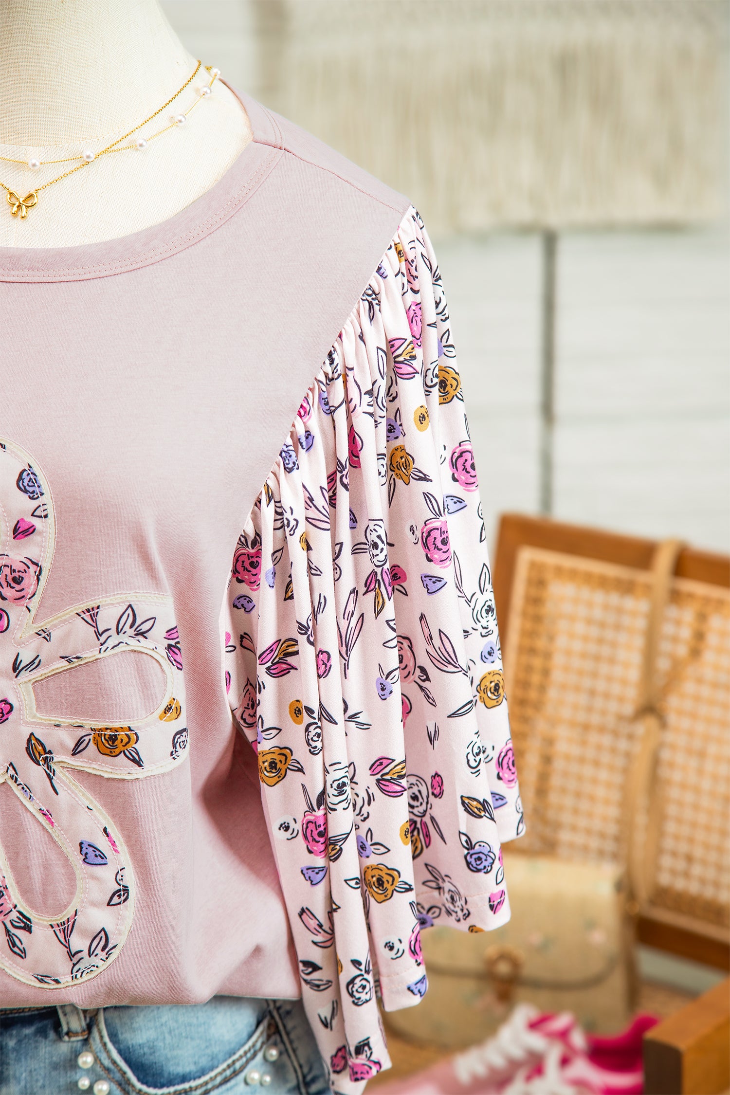 Pink Contrast Floral Patched Flowy Half Sleeve Blouse