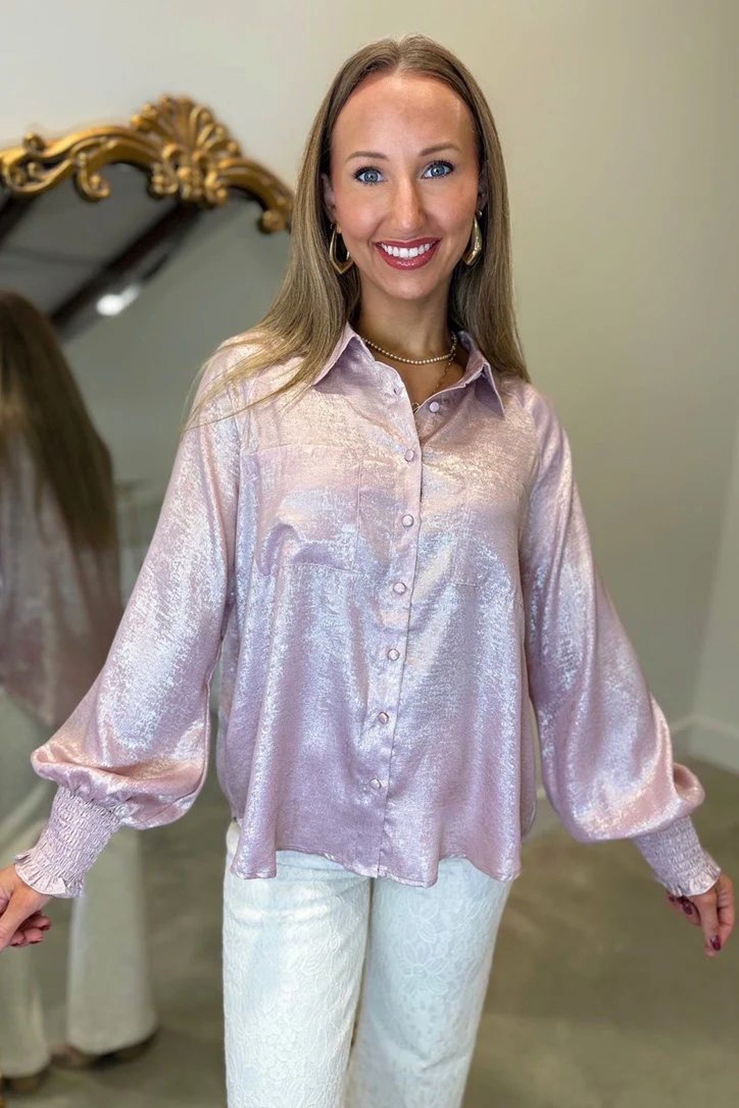 Delicacy Long Sleeve Button Front Ruffle Cuffs Back Paneling Shirt