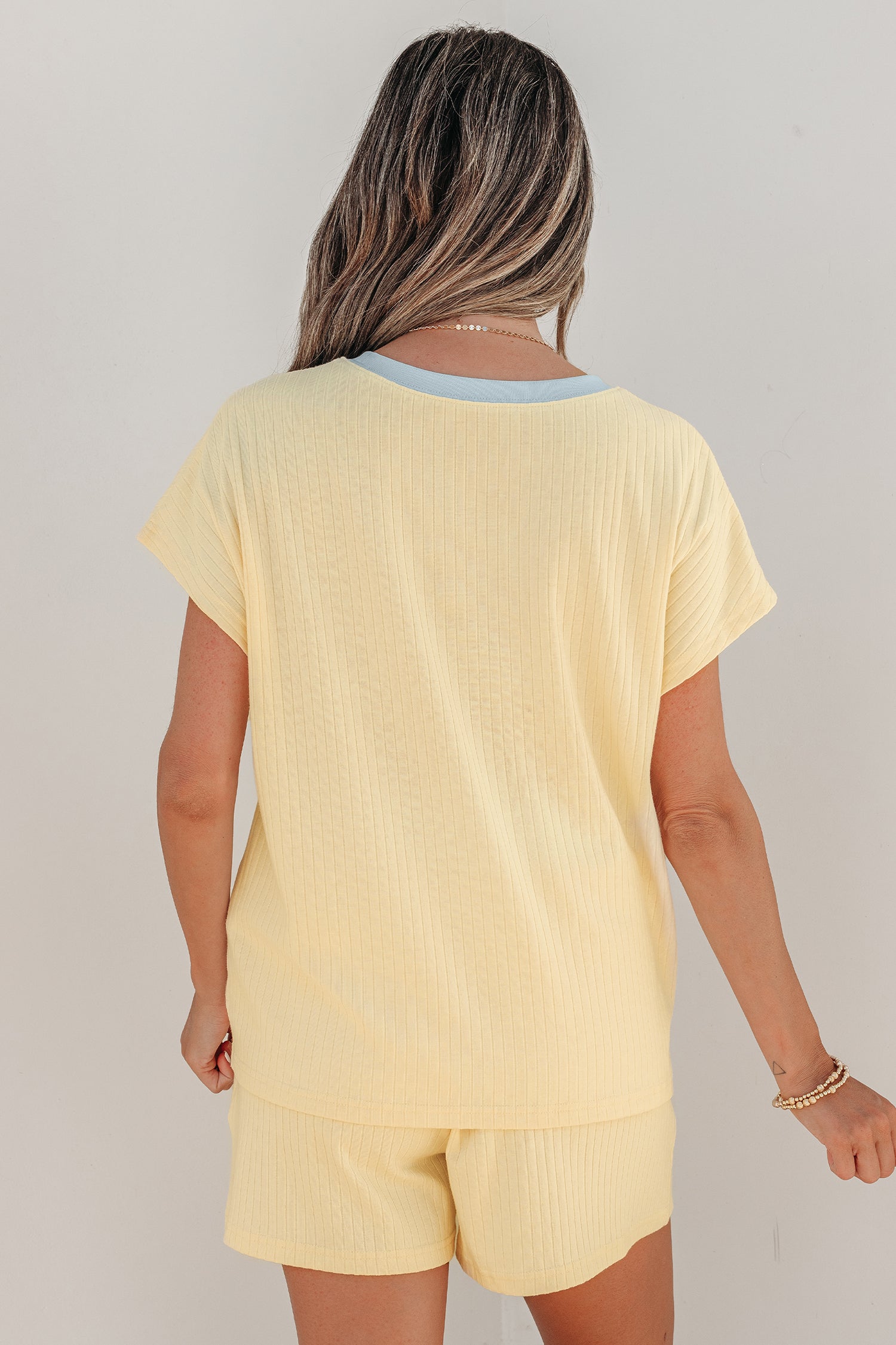 Clearly Aqua Soft Ribbed Color Block Trim Casual Short Set