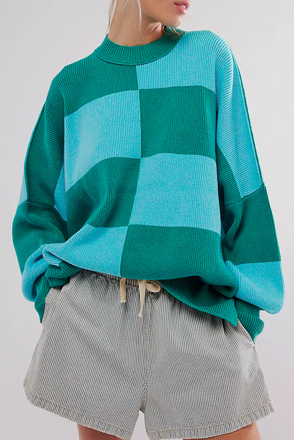 Pull à carreaux, épaules tombantes, oversized — vert