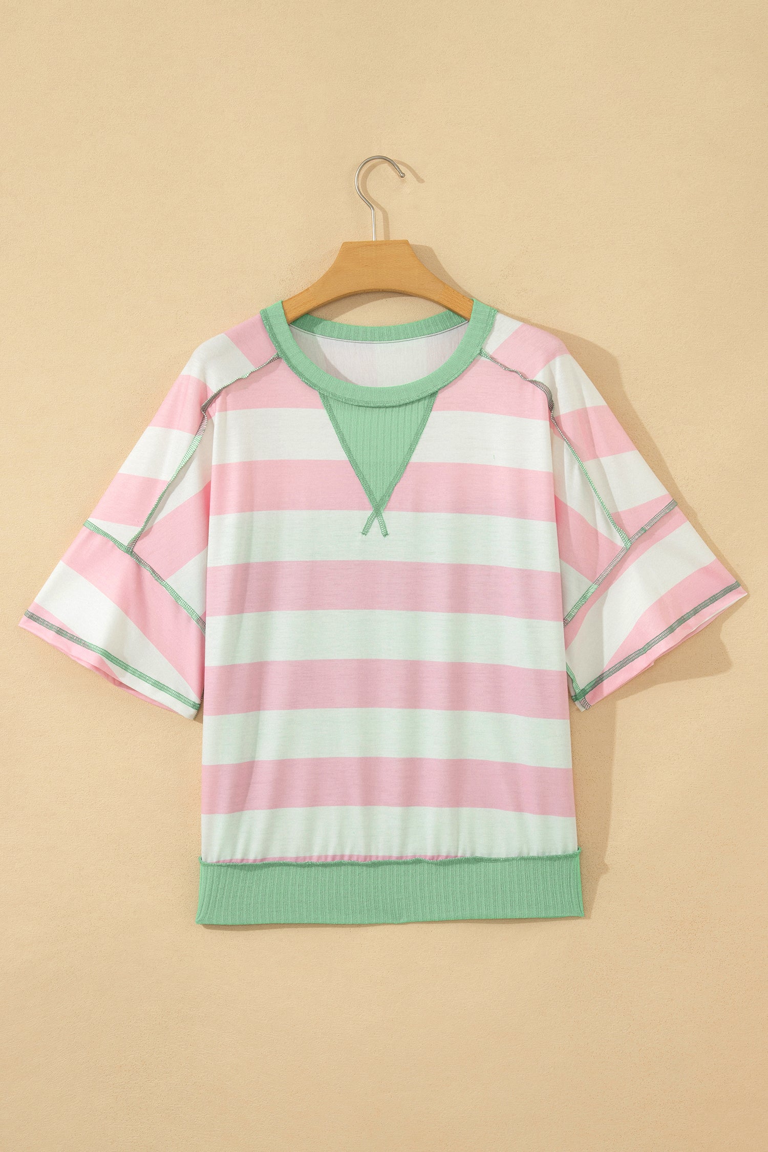 Pink Stripe Exposed Seam Ribbed Patchwork Oversized Tee