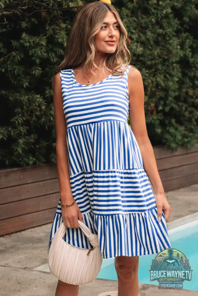 Black Stripe U Neck Sans manches en ligne Mini robe - Sky Blue Stripe / S / 95% Cotton + 5% Elastane - Dresses/Mini