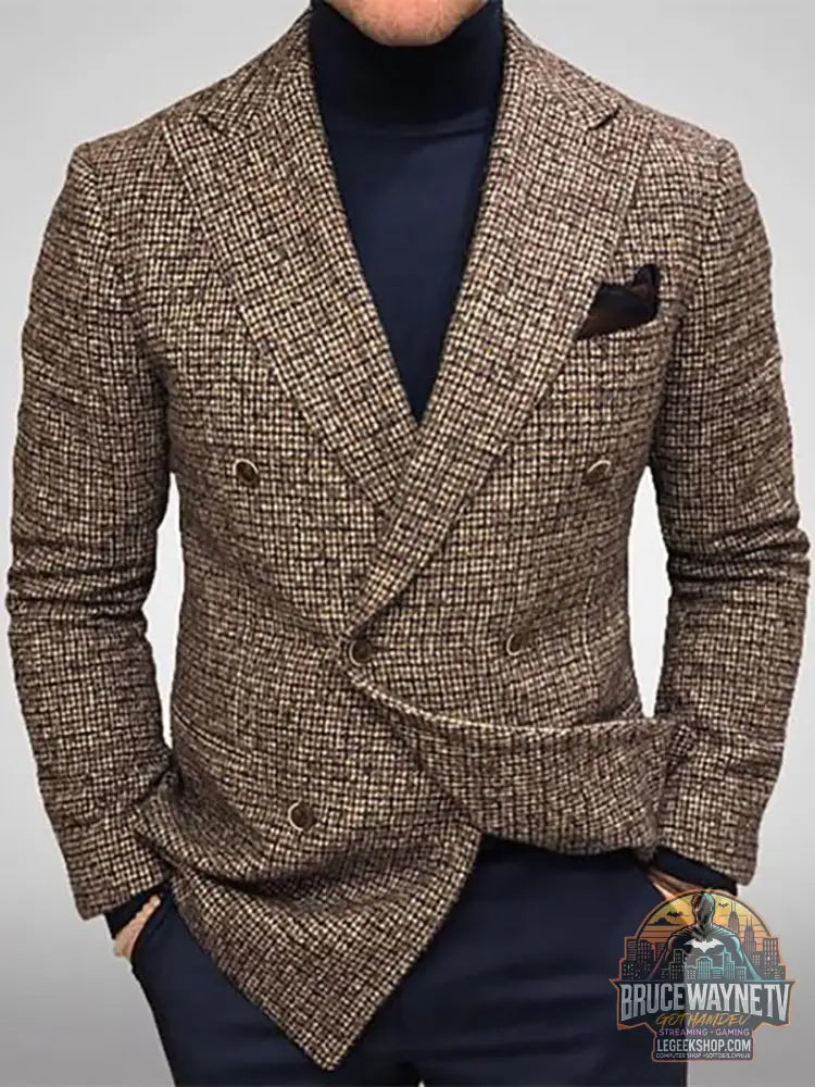 Blazer Homme Slim Fit Carreaux Double Boutonnage Polyester Gris Marron - Brown / S - Blazer Homme