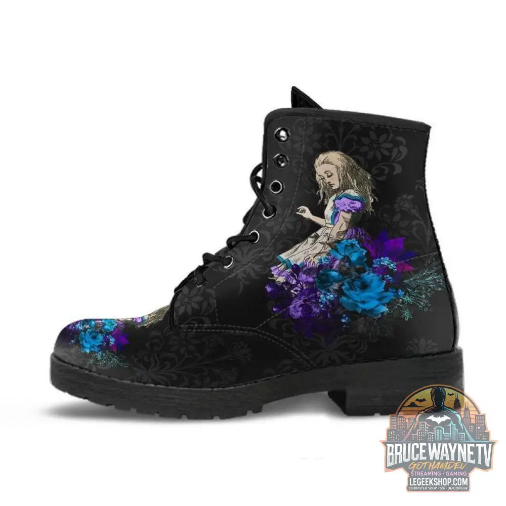 Bottes Combat Gothiques Cuir Vegan Imprimé Punk Martin - Purple Orchid Alice / Size35 - Bottes Femme