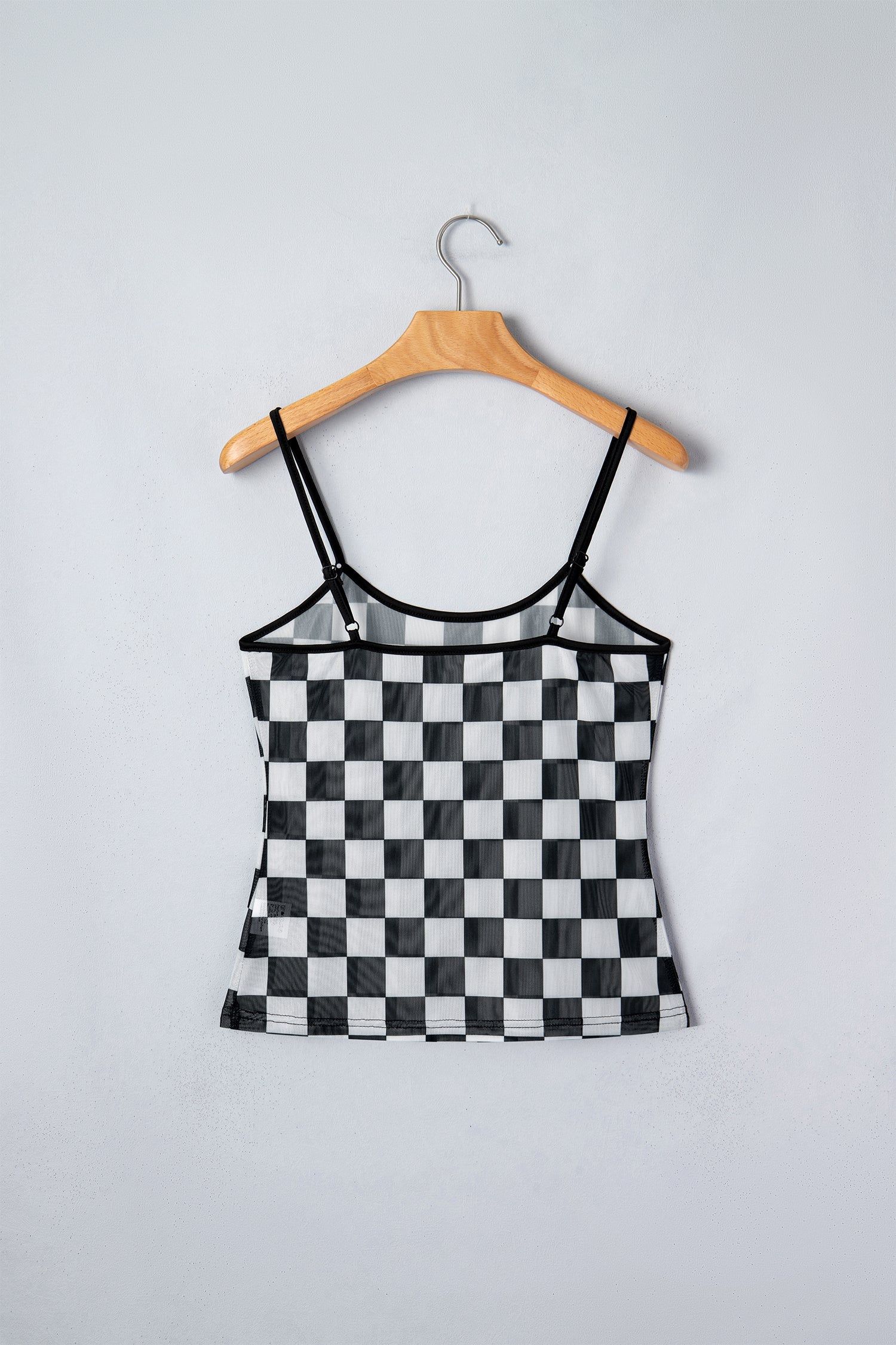Black Sheer Checkered Print Spaghetti Straps Slim Tank Top
