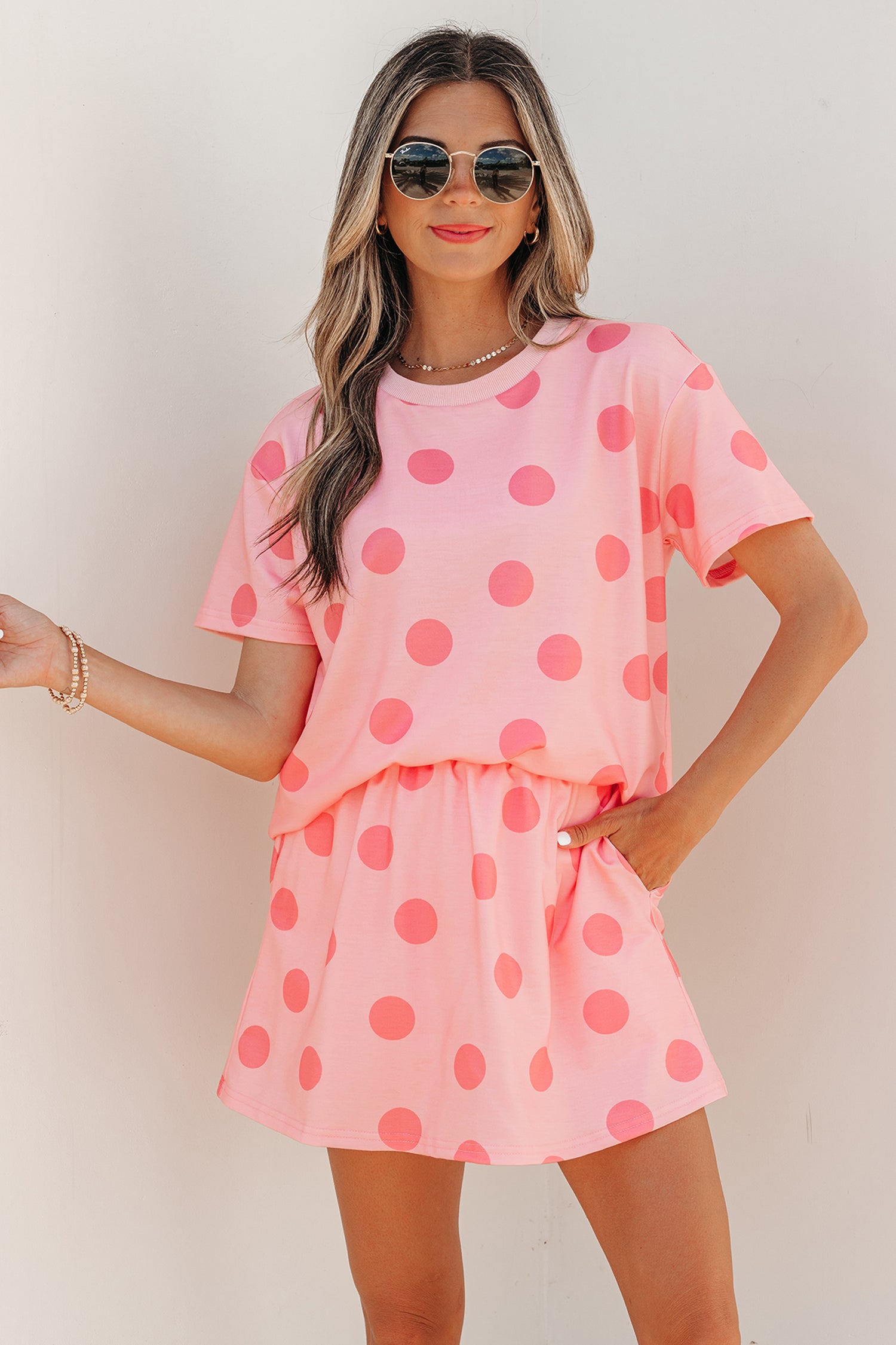 White Polka Dot Short Sleeve Top Casual Skort 2pcs Outfit