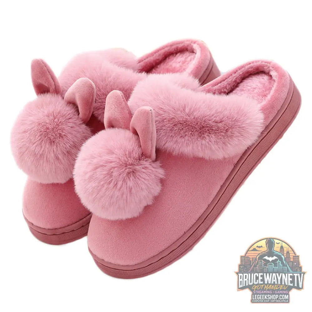 Chaussons Maison Oreilles Lapin Pompons Peluche Coton - Chaussons Maison