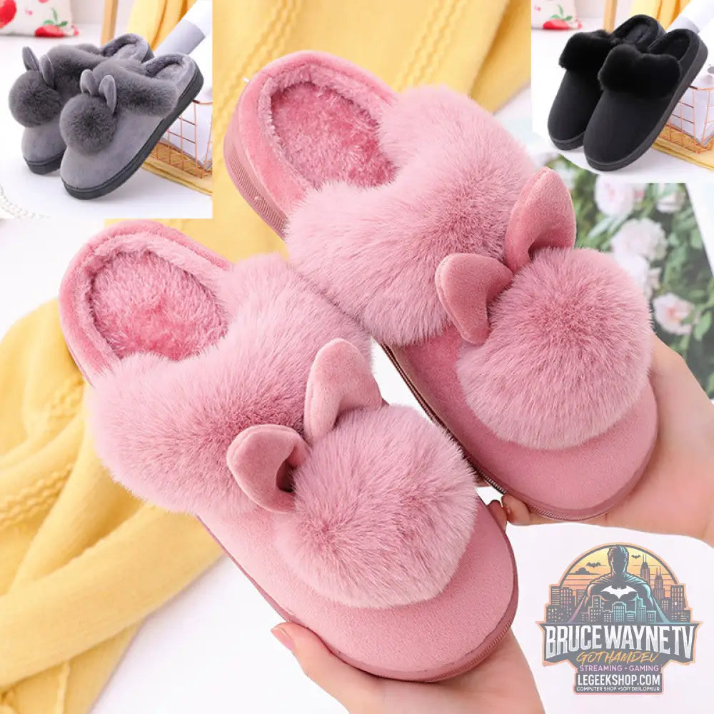 Chaussons Maison Oreilles Lapin Pompons Peluche Coton - Chaussons Maison