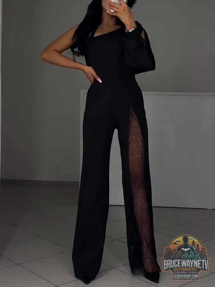 Combinaison Une Manche Patchwork Mesh Élégante - Black / XS - Combinaison Femme