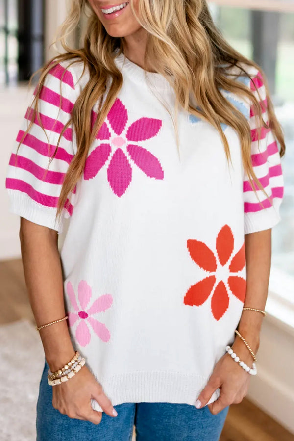 Pull femme floral, rayé — blanc
