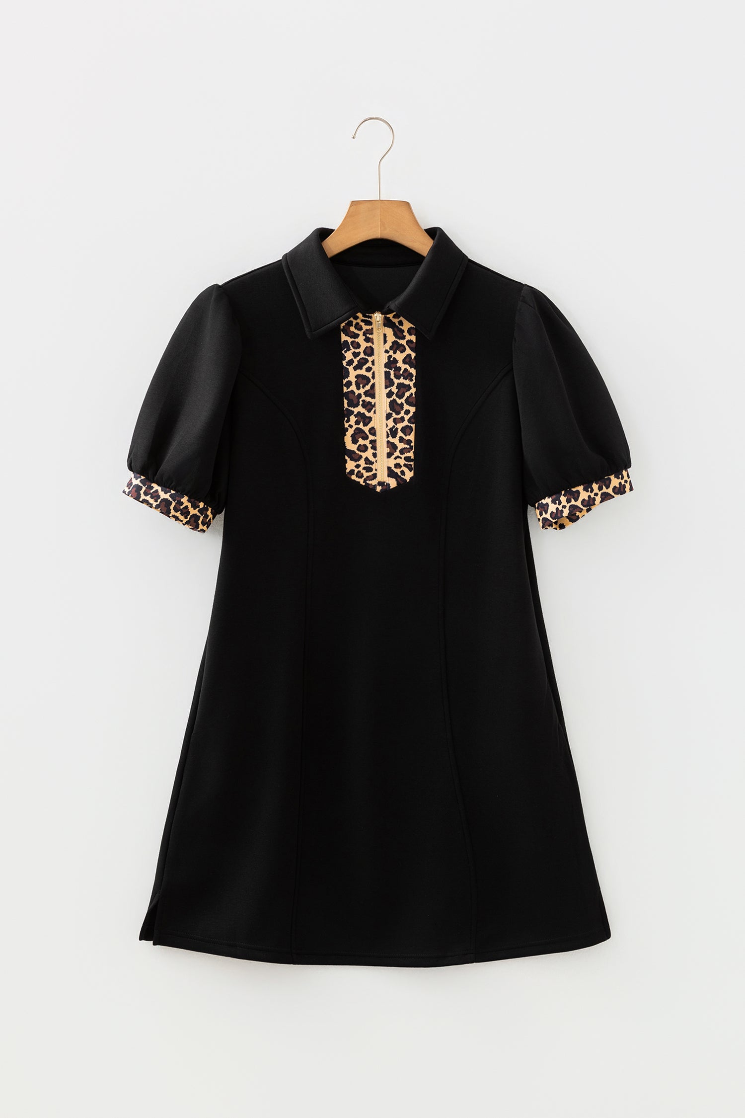 Mini robe léopard patchwork col zippé manches courtes bouffantes droite noir