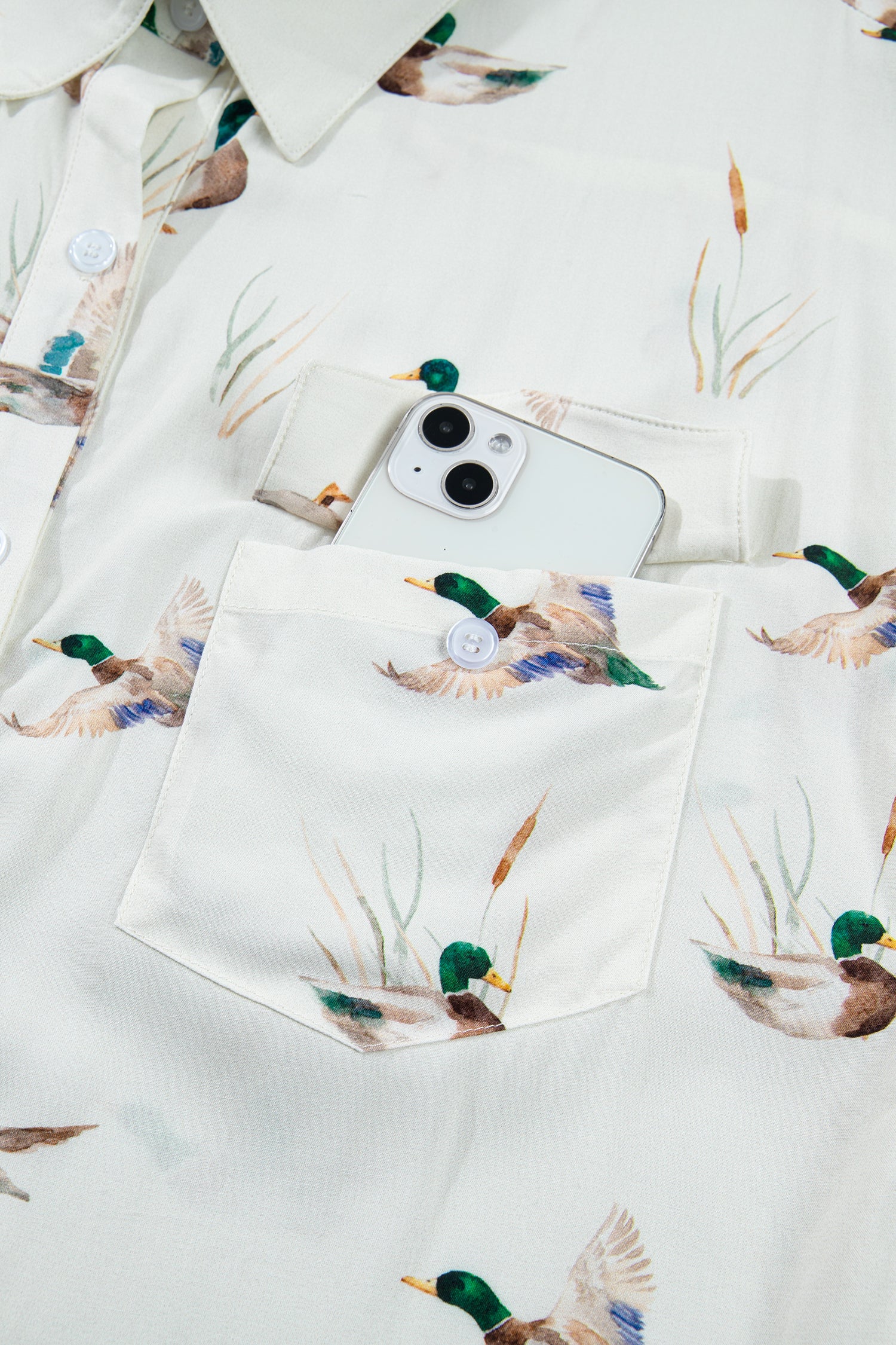 White Mallard Printed Button Flap Pocket Short Sleeve Shirt