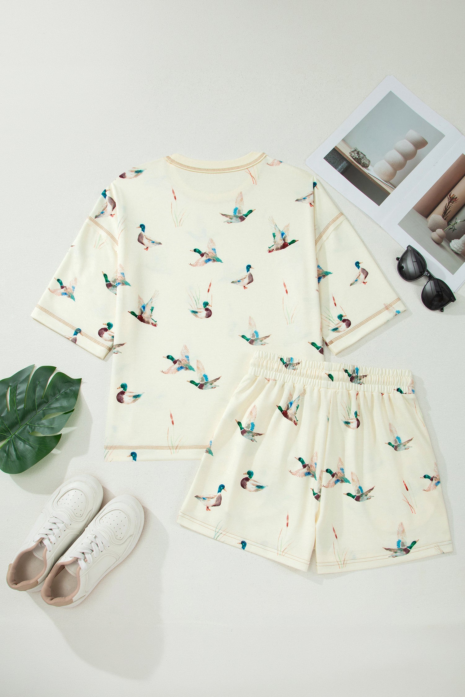 Beige Mallard Duck Print Oversized Tee Drawstring Short Set