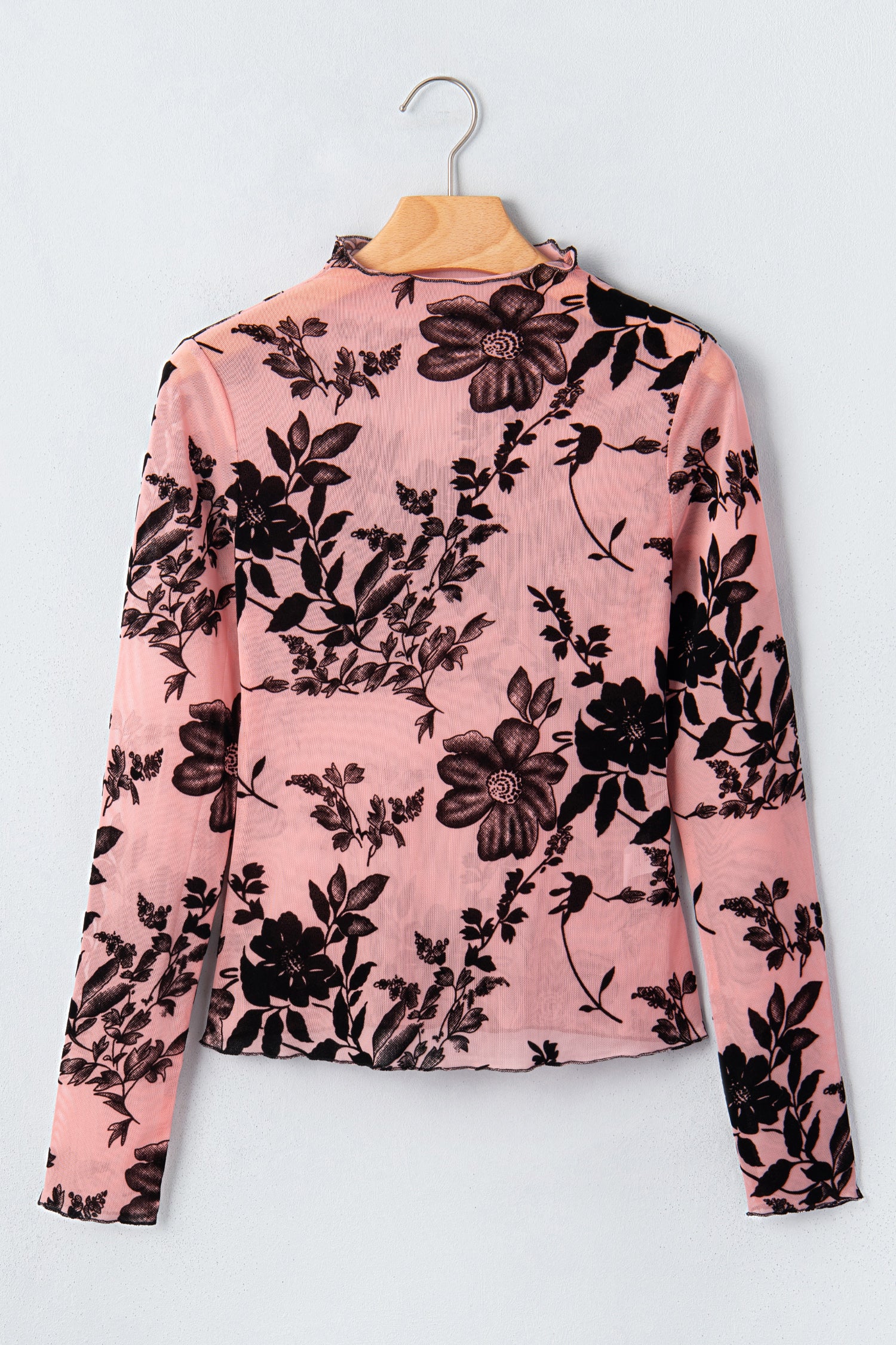 Gossamer Pink Retro Floral Print Mesh Long Sleeve Pullover Blouse
