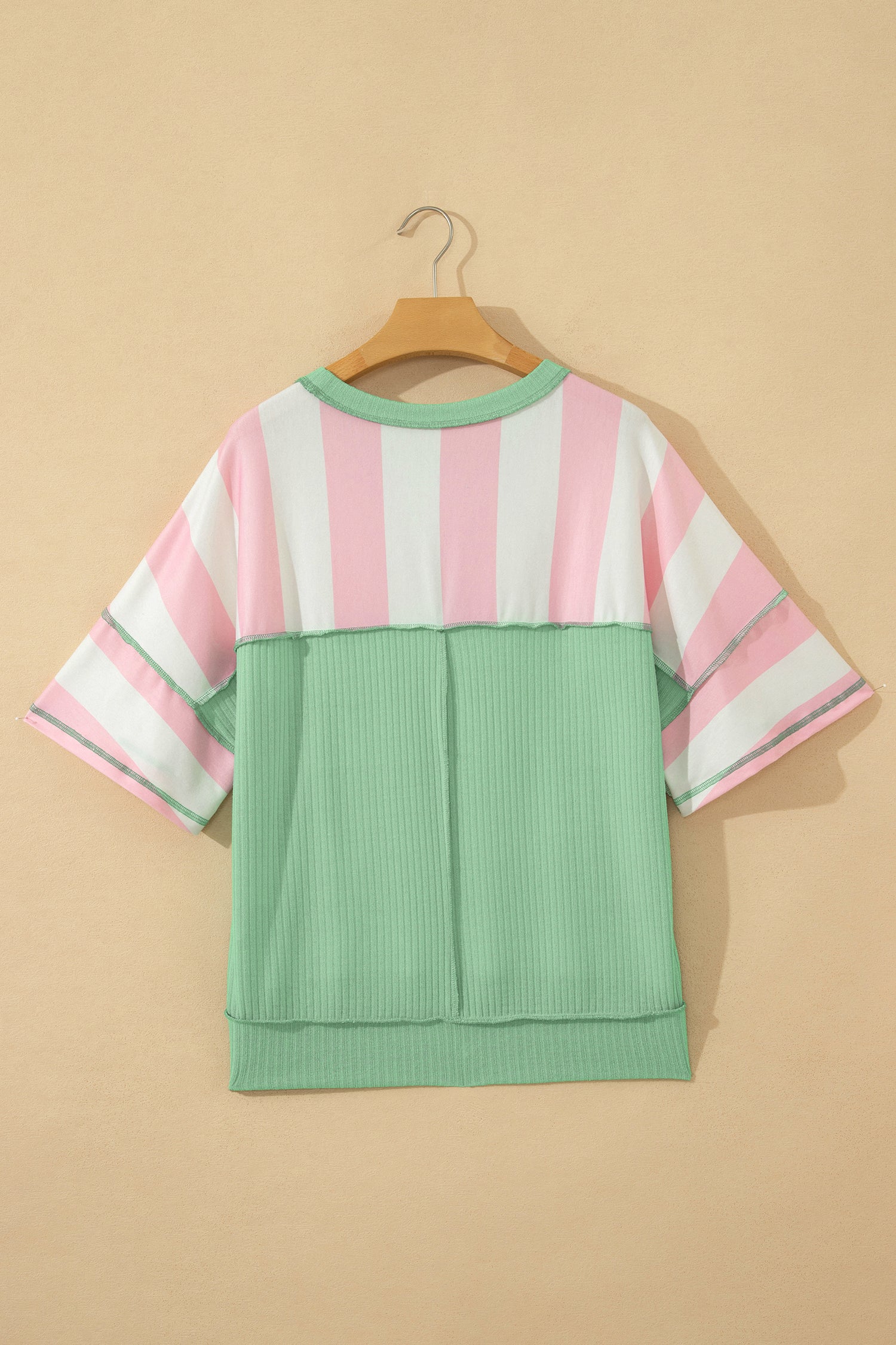 Pink Stripe Exposed Seam Ribbed Patchwork Oversized Tee