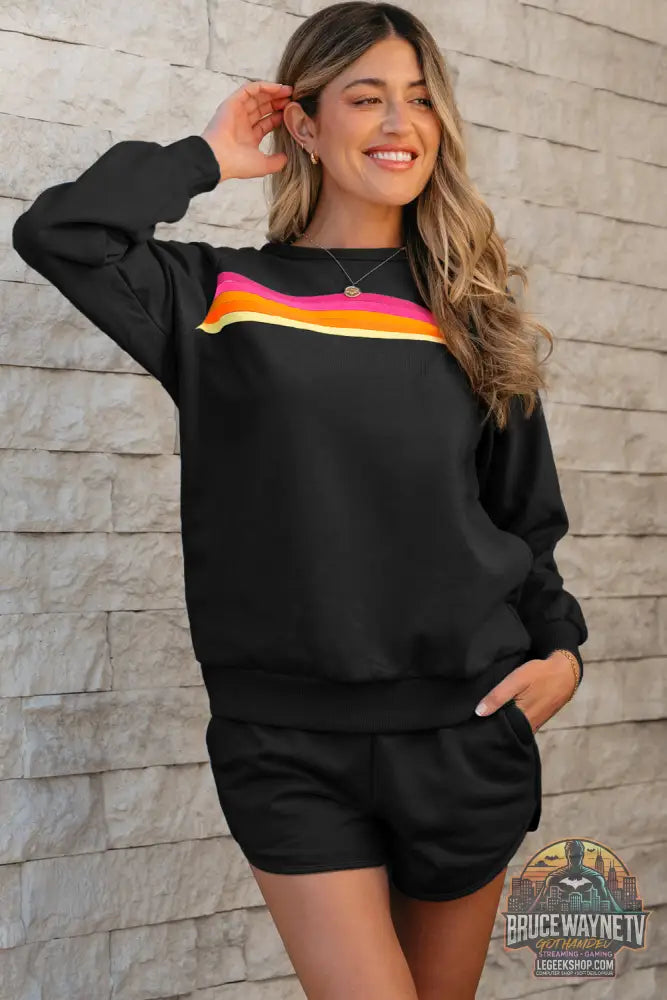 Ensemble Deux Pièces Femme – Pull Col Rond & Short à Rayures · Style Décontracté Casual - Black / S / 50% Polyester