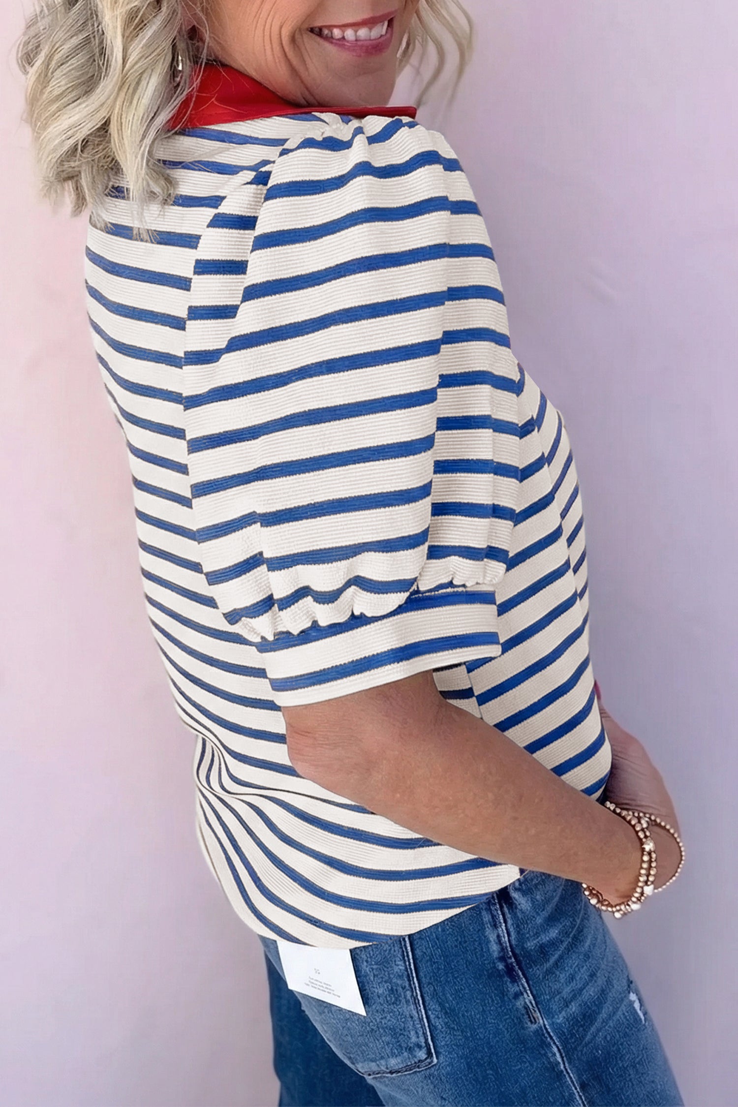 Black Stripe Short Puff Sleeve Color Block Polo Collar Blouse