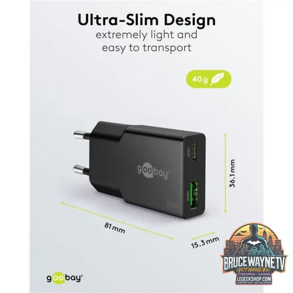 goobay USB-C PD GaN Dual-Schnelladegerät Slim 30 W schwarz - goobay - vue 5