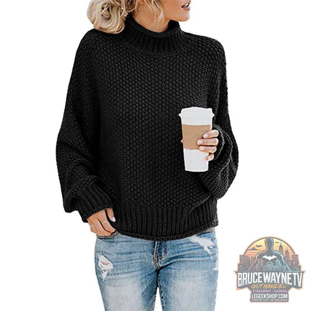 🧶 Pull Femme Col Roulé Tricoté Uni Casual 🧶 - Black / L - Pull Femme