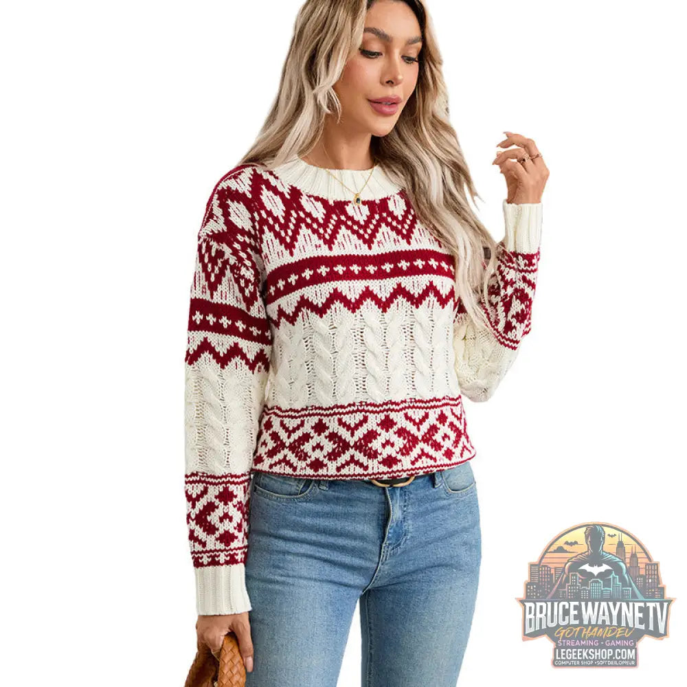 Pull Femme Jacquard Rétro Tricoté Loose Pullover - Pull Femme