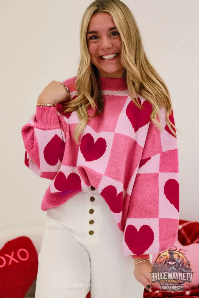 Pull ras du cou à carreaux rose Love Heart pour la Saint-Valentin - Sweaters & Cardigans/Sweaters