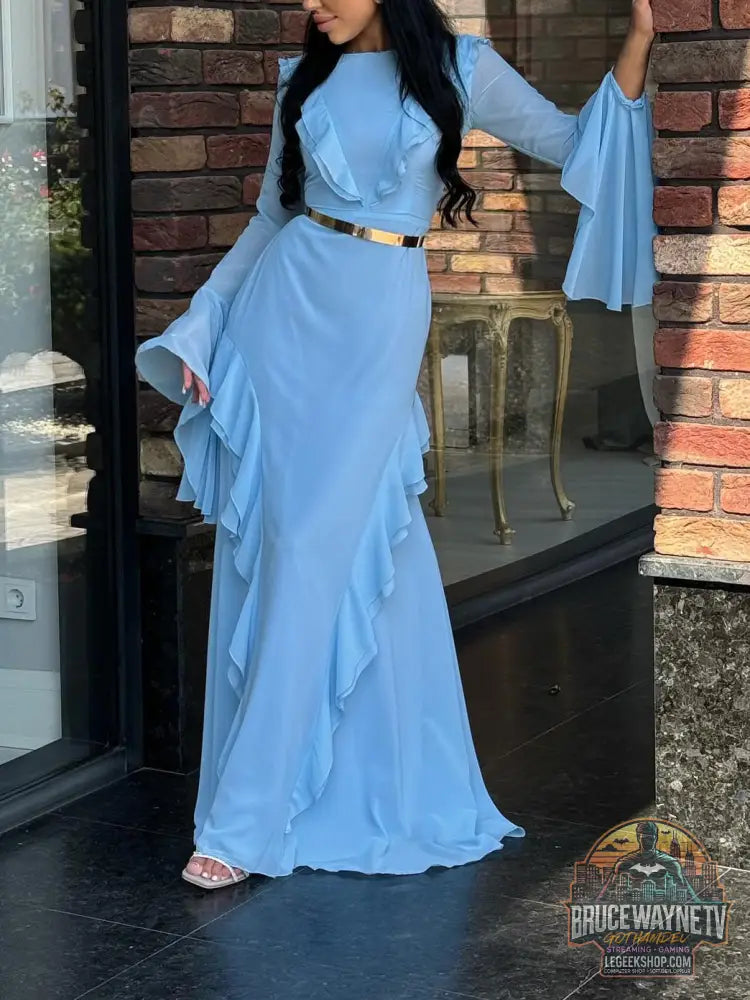 Robe Longue Col Rond Volants Manches Longues Élégante - Blue / 2XL - Robe Femme