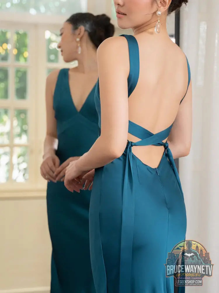 Robe Soirée Longue Bleu Lac Dos Nu Bretelles Élégante - Robe Soirée