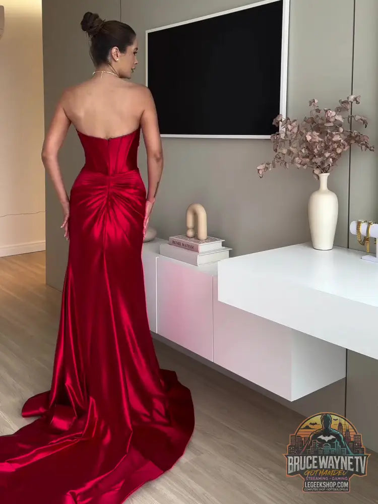 Robe Soirée Longue Rouge Bustier Fendue Élégante - Robe Soirée