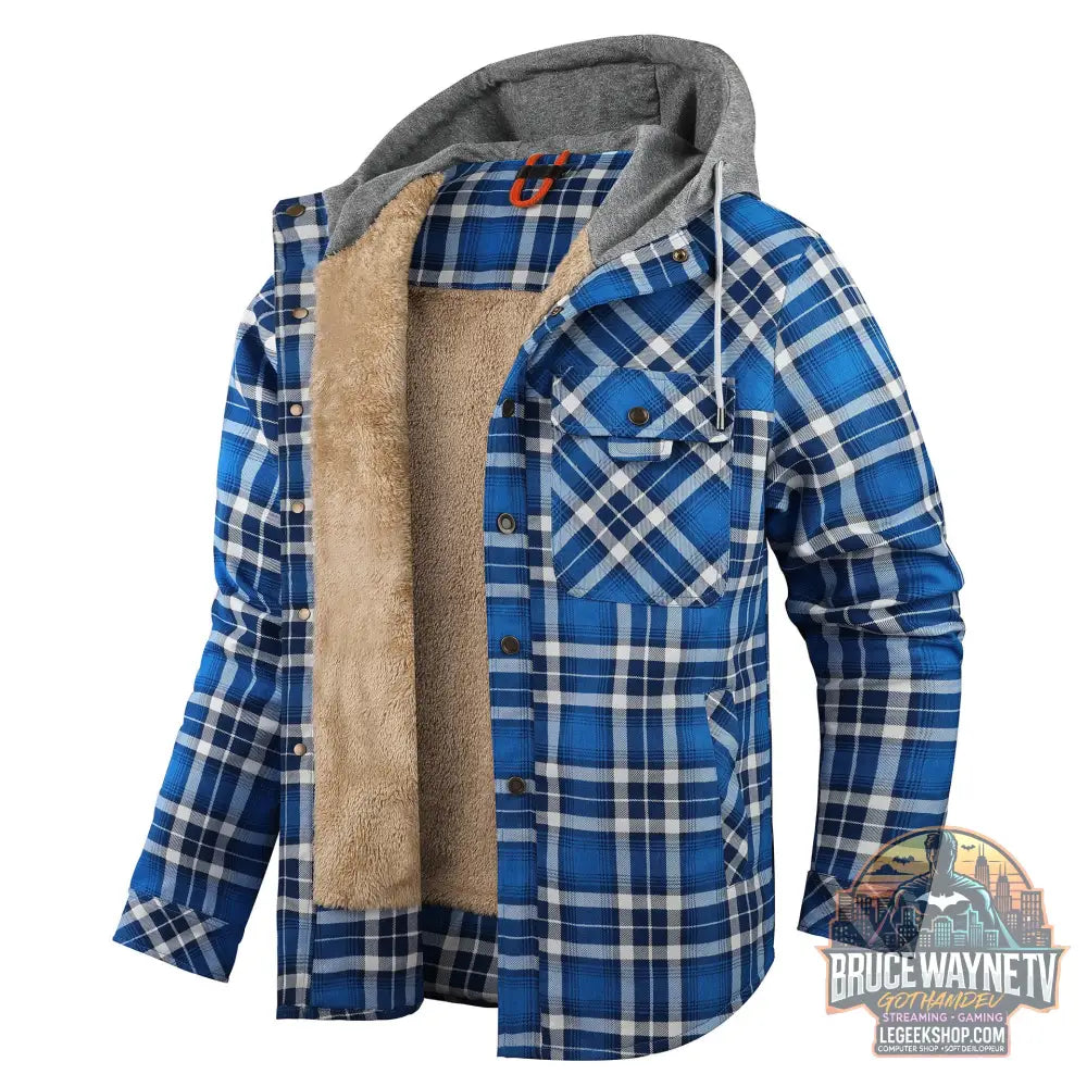 Veste Chemise Carreaux Homme Doublée Polaire Capuche Hiver - Blue / S - Veste Chemise Homme