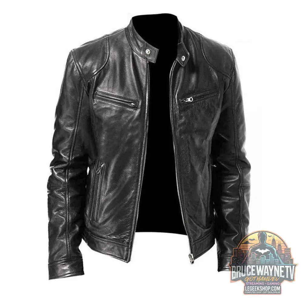 🧥 Veste Homme Cuir PU Col Montant Zip Poches Sport 🧥 - Black / S - Veste Homme