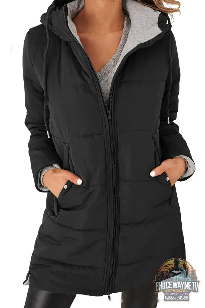 Veste Longue Femme Capuche Poches Coton Loose - Black / S - Veste Femme
