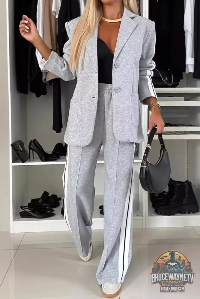 Full Size Contrast Lapel Collar Top and Pants Set