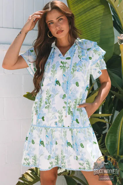 Guide d'achat : Robe Florale Femme – Manches Superposées · Col V Noué · Bordures Rayées · Poche · 2 Coloris