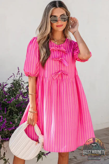 Guide d'achat : Mini Robe Femme – Rayu00e9e Rose · Manches Bouffantes · Nœud Devant · Taille Haute · Poches