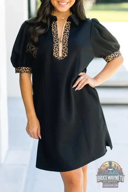 Guide d'achat : Mini Robe Femme – Léopard Patchwork · Col Zippé · Manches Bouffantes · Coupe Droite · Noir