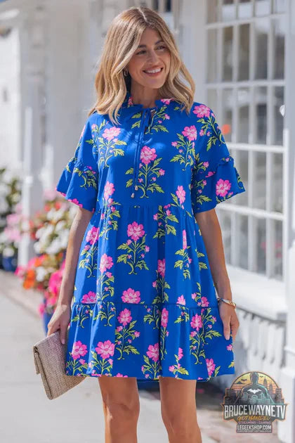 Guide d'achat : Robe Florale Femme – Ample · Col en V · Manches Évasées à Volants · Taille Haute · Bleue