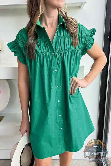 Guide d'achat : Robe Chemise Courte Femme – Vert Vif · Boutonnée · Manches Volantées · Fronce