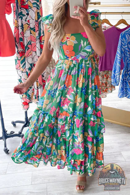 Guide d'achat : Robe Longue Femme – Floral Vert · Col Carré · Dos Nu · Volants · Taille Haute