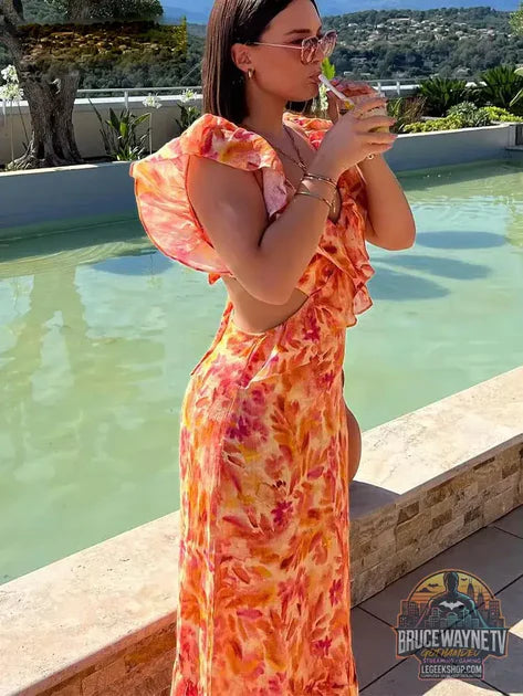 Guide d'achat : Robe Longue Bohème Orange Femme – Col V Sans Manches Dos Nu Imprimé Volants