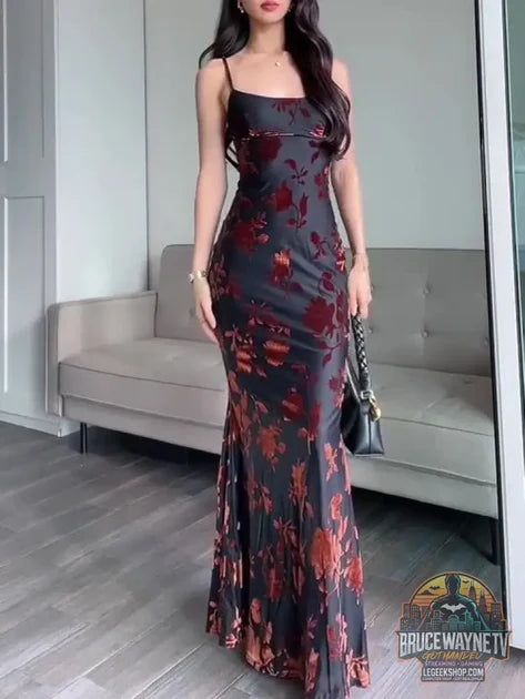 Guide d'achat : Robe Maxi Floquée Bretelles Sexy Slim Fit