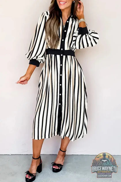 Guide d'achat : Robe Midi Femme – Chemise Rayu00e9e · Manches 3/4 Bouffantes · Col Chemise · Taille Haute · Poches · Noir