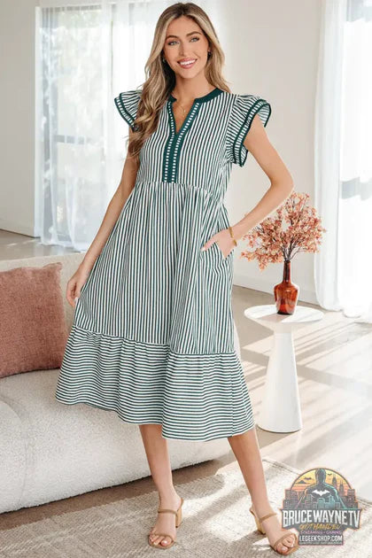 Guide d'achat : Robe Midi Femme – Rayée · Double Volants · Col V · Bordure Contrastée · 3 Coloris
