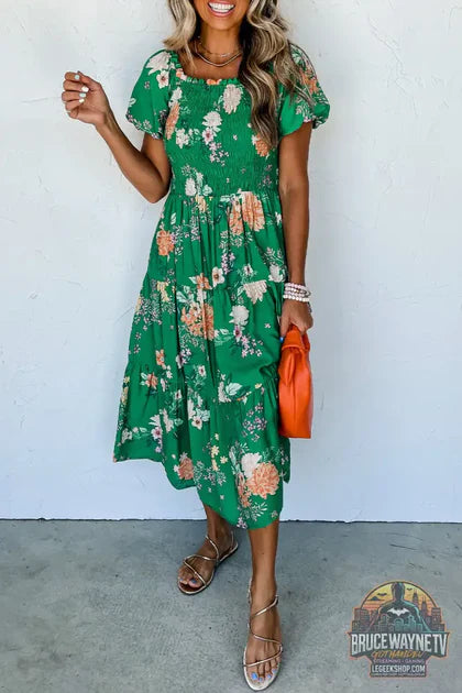 Guide d'achat : Robe Midi Smockée Femme – Imprimé Floral Vert · Manches Bouffantes · Plusieurs Niveaux