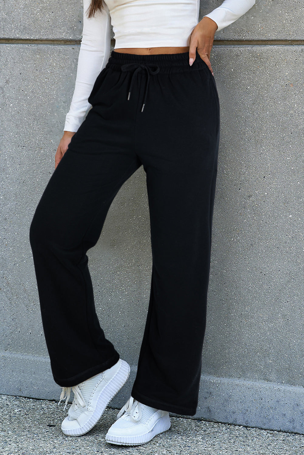 Pantalon femme à cordon, casual, uni — noir