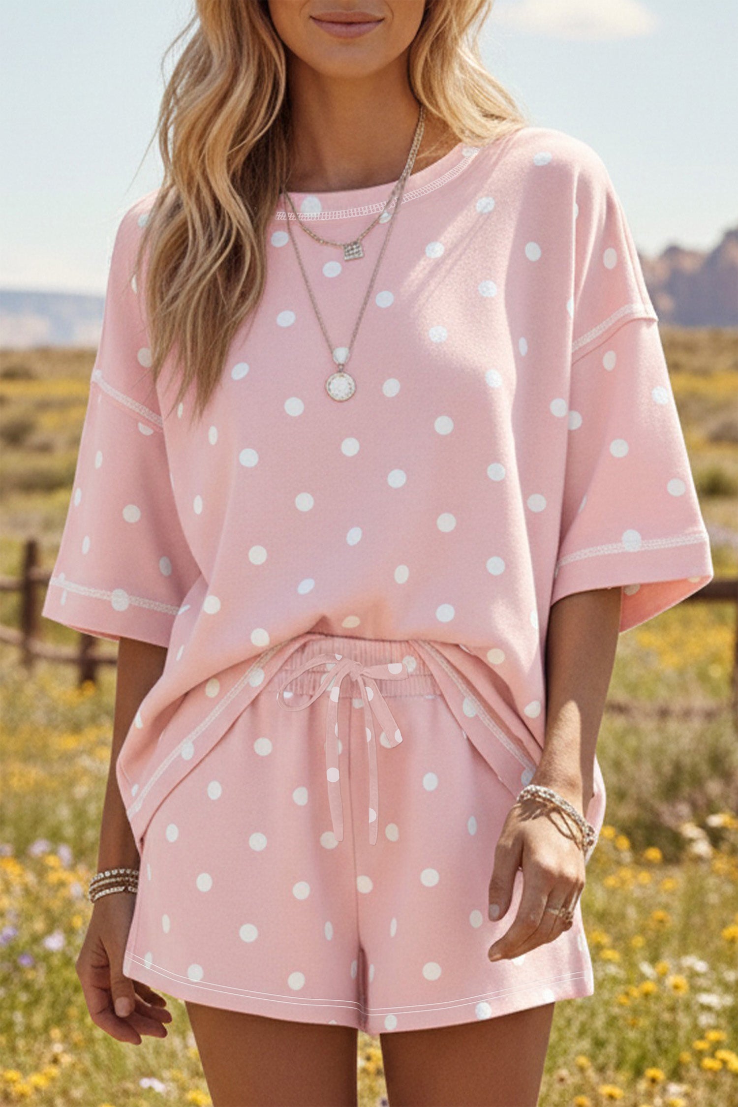 Ensemble femme pois, à cordon, manches courtes, ample — rose