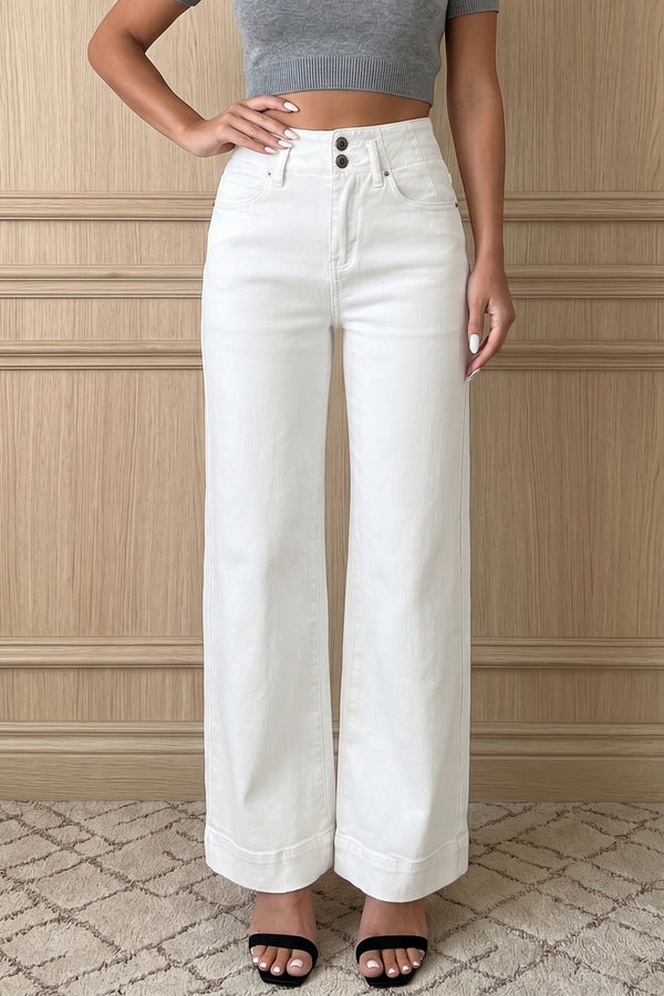Jean femme boutonnée, taille haute, jambe large — blanc