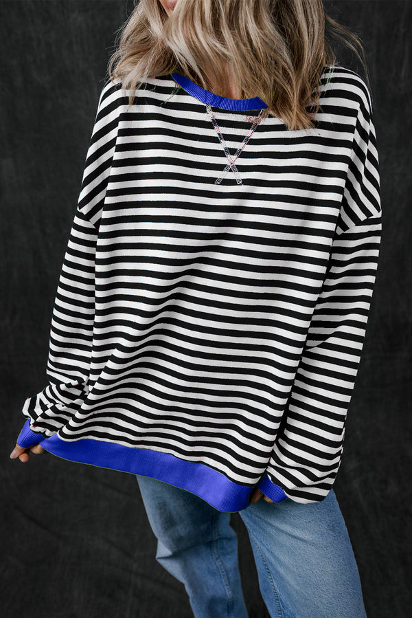 Sweat femme rayé, oversized, bordure contrastée — noir