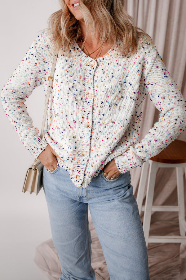 White Rhinestone Decor Multicolor Confetti Sweater Cardigan femme