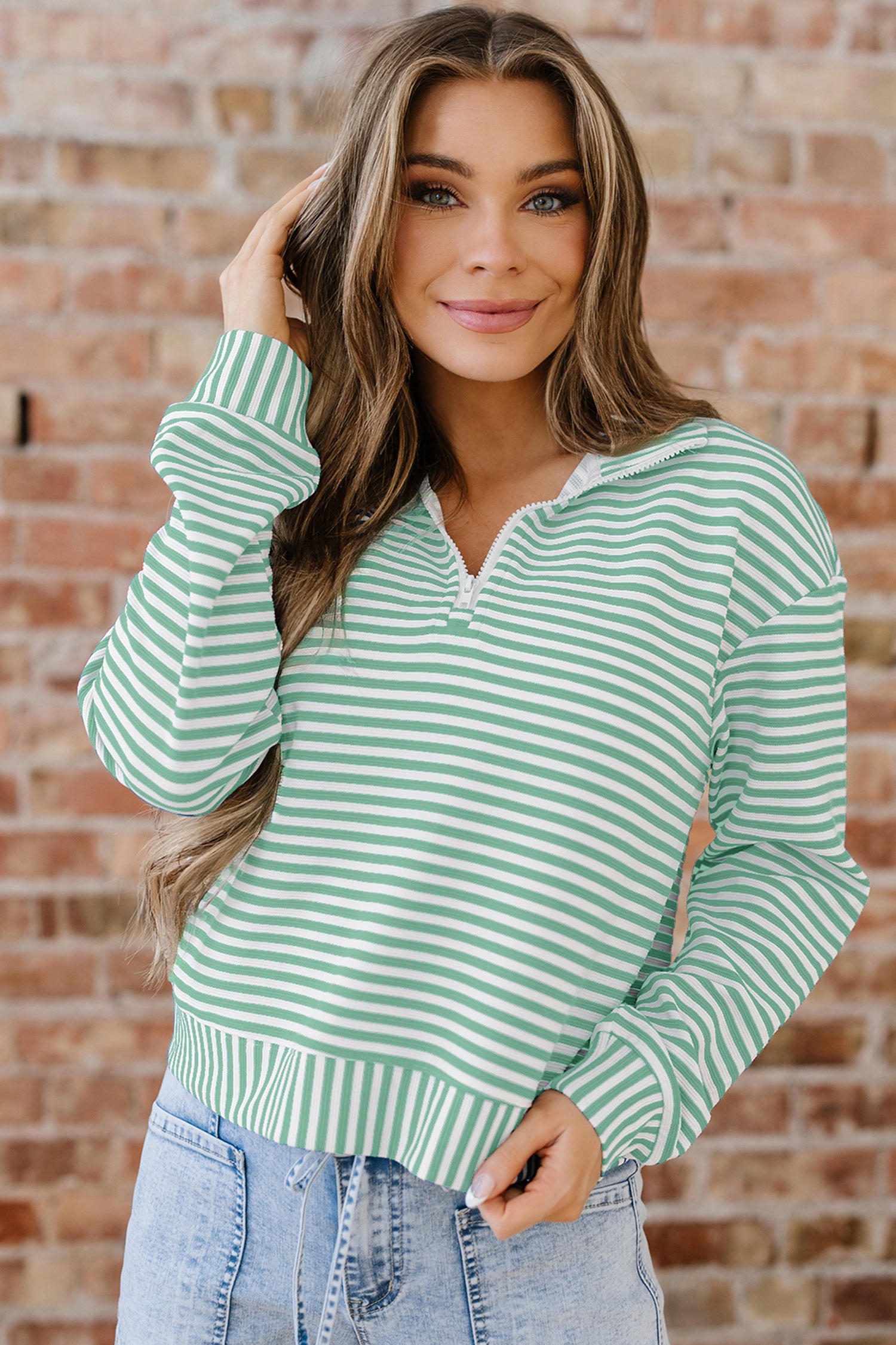 Pull femme rayé, zip, manches longues — vert